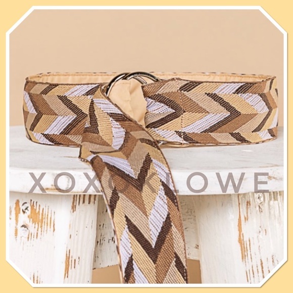 POL Brown & Cream Chevron Textured Cloth O Ring Belt - Picture 1 of 8